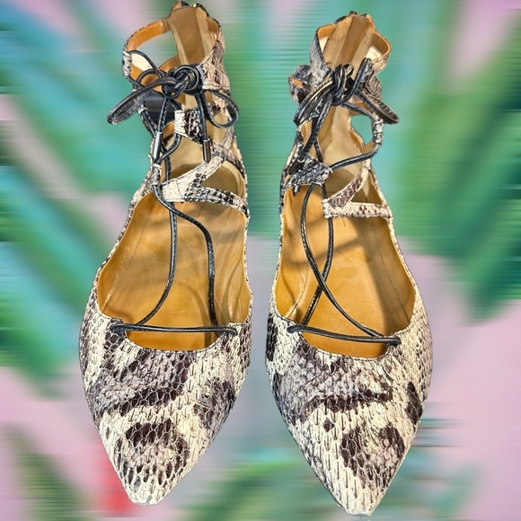 Aquazzura ‘Belgravia’ Two-Tone Snakeskin Ankle-Tie Flats Size 9 ASO Meghan - Picture 4 of 16